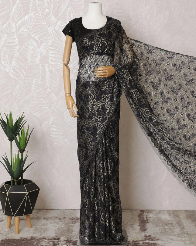 Dark navy blue, gold Premium pure French metallic chantilly lace saree in paisley design-D15546 Regal Fabrics