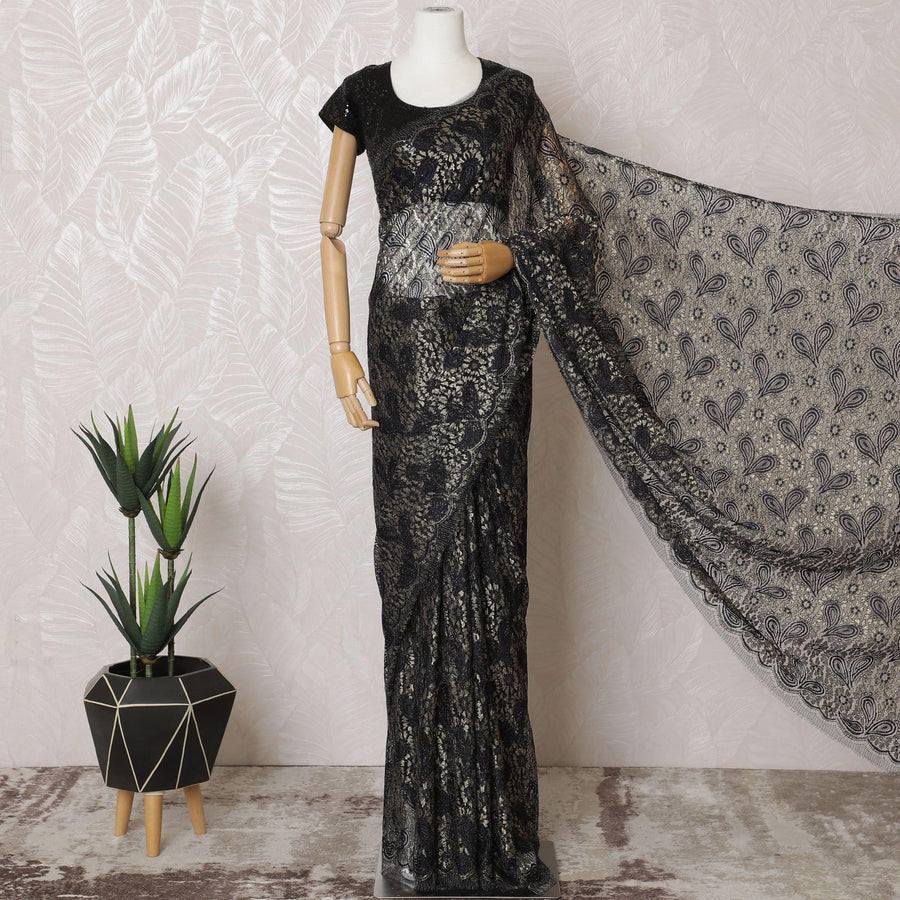 ساري دانتيل شانتيلي معدني فرنسي فاخر باللون الأزرق الداكن والذهبي بتصميم بيزلي-D15546