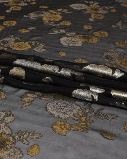 Black pure silk chiffon fabric with gold and silver metallic lurex in floral design-D7463