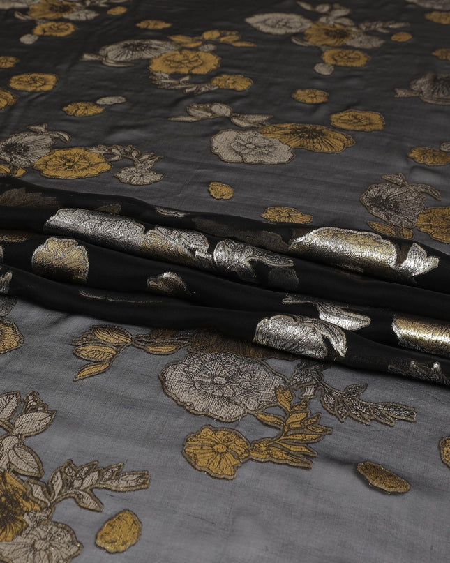 Black pure silk chiffon fabric with gold and silver metallic lurex in floral design-D7463