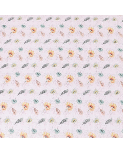 Crepe pink cotton lawn fabric with same tone embroidery having olive green and light mustard print in floral design-D7014