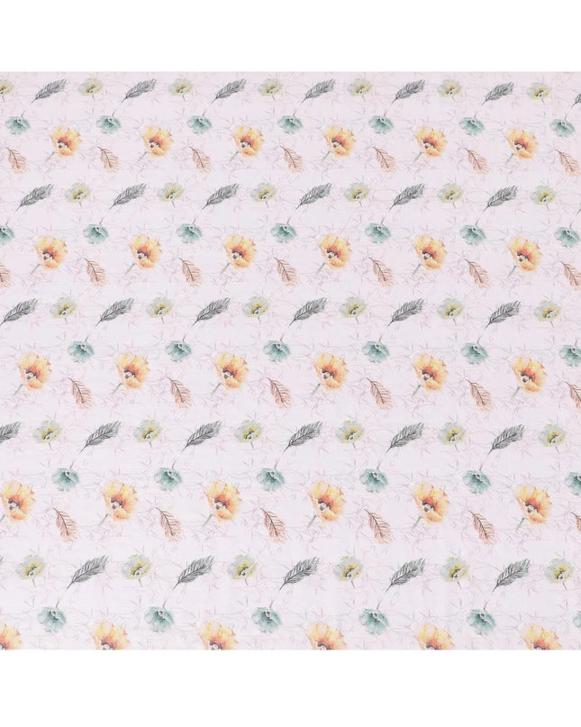 Crepe pink cotton lawn fabric with same tone embroidery having olive green and light mustard print in floral design-D7014 Regal Fabrics