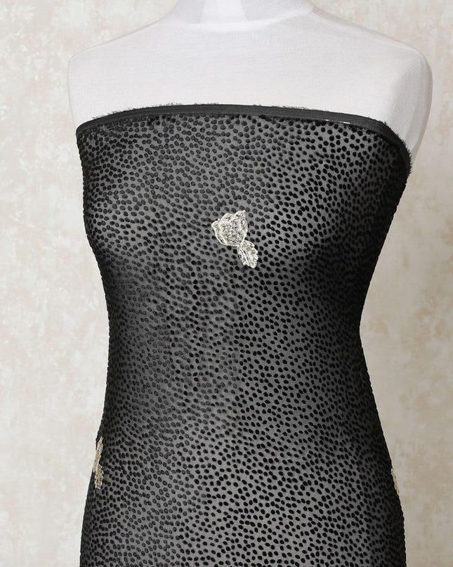 Black nylon tulle fabric with gold embrodiery and stone work in fancy design-D12018