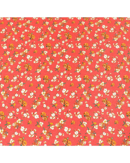 Scarlet red premium pure silk crepe fabric with beige, forest green and mustard yellow print in floral design-D9398 Regal Fabrics