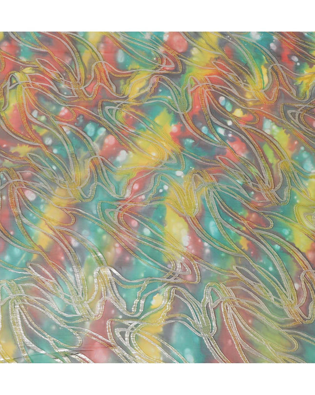 قماش شيفون من الحرير الخالص متعدد الألوان مع لوريكس معدني ذهبي بتصميم تجريدي-D14110