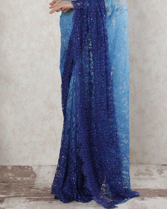 Baby blue to Royal blue Premium pure French chantilly lace saree having stone work in ombre design-D14516