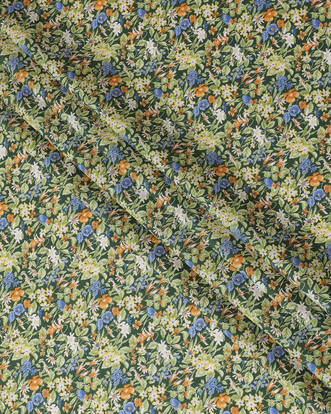 Forest green cotton lawn fabric with multicolor print in floral design-D15226 Regal Fabrics