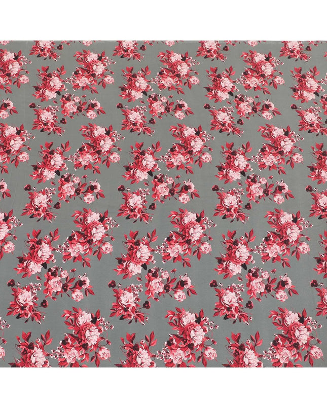 Graphite grey premium pure silk crepe fabric with ruby pink, maroon and light peach print floral design-D9406 Regal Fabrics