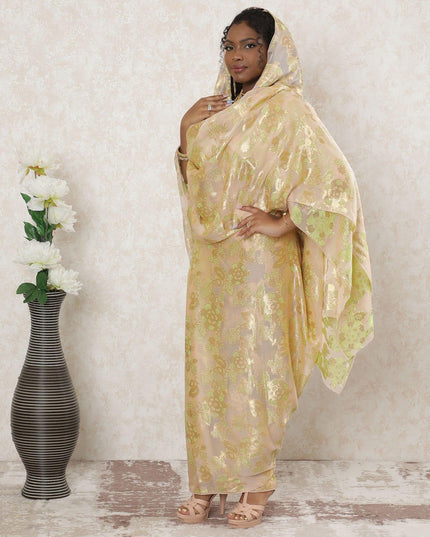 Light gold Premium pure French (Fransawi) silk chiffon thobe with sage green viscose and gold metallic lurex in floral design-D14381