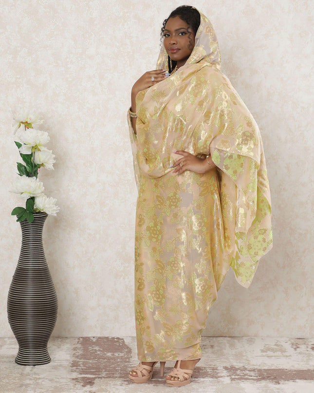 Light gold Premium pure French (Fransawi) silk chiffon thobe with sage green viscose and gold metallic lurex in floral design-D14381