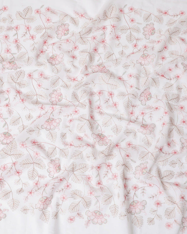 قماش فوال من القطن الخالص الأبيض الفاخر مع تطريز باللونين البني والوردي الصغير بتصميم الأزهار-D15234