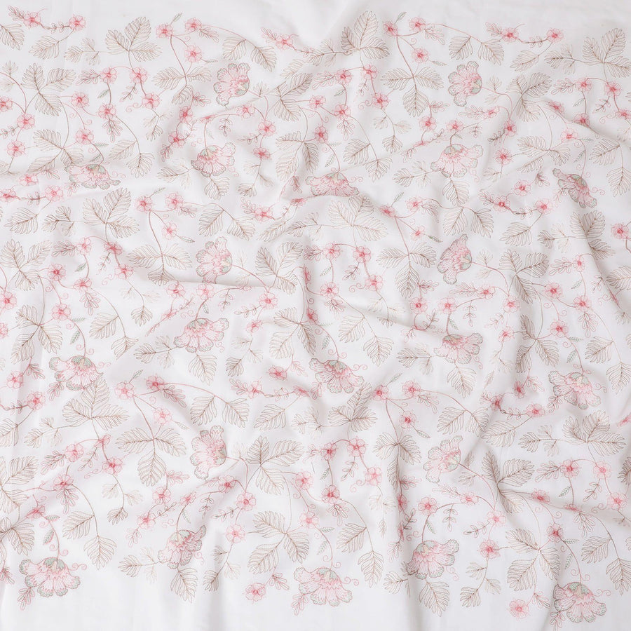 White Premium pure cotton voile fabric with brown and baby pink embroidery in floral design-D15234