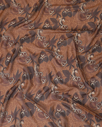 قماش شيفون حريري باللون البني القهوة مع طباعة بني موكا داكن بتصميم الأزهار-D12919