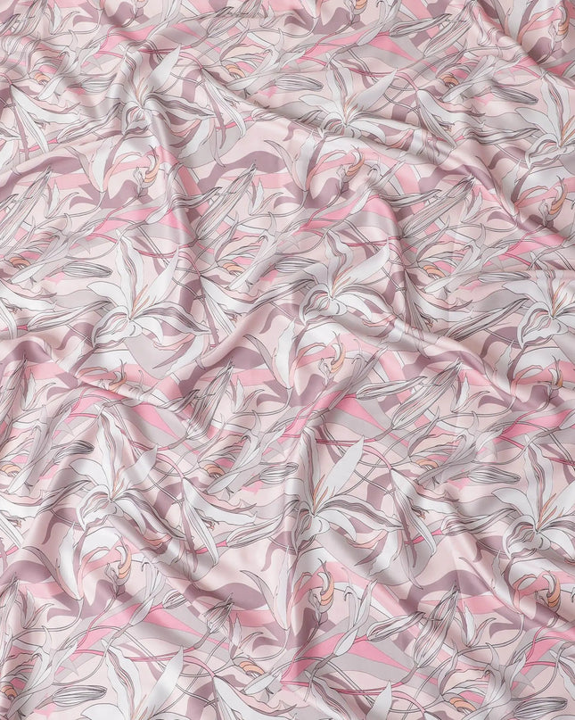 Off white synthetic modal satin fabric with multicolor print in floral design-D15015 Regal Fabrics