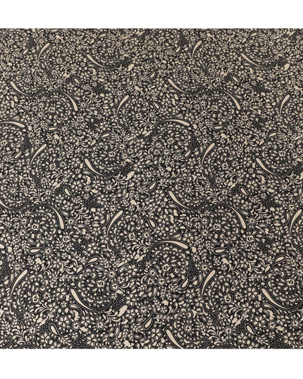 Black viscose twill printed fabric with beige prints in floral design-D11172