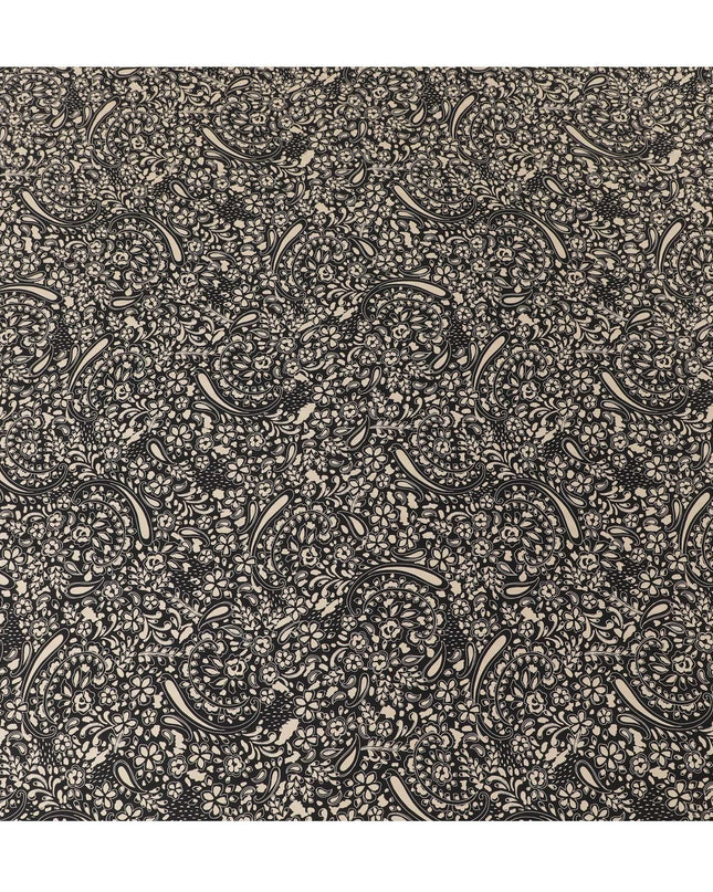 Black viscose twill printed fabric with beige prints in floral design-D11172