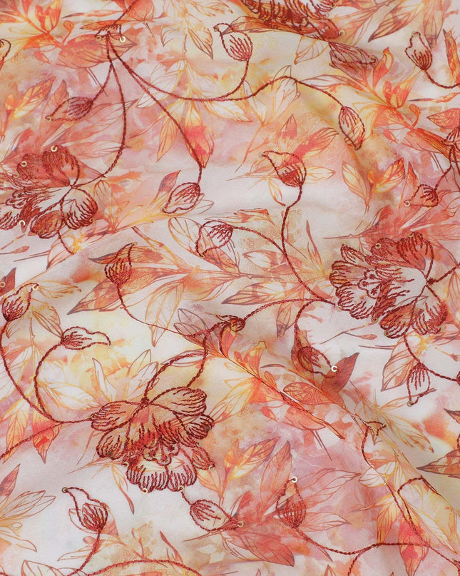 Off white Premium pure cotton voile fabric with crimson red embroidery having multicolor print in Leaf design-D13244