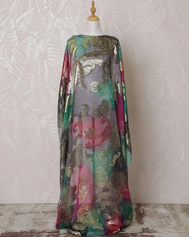 Multicolor Premium pure French (Fransawi) silk chiffon dirac fabric with hand print having gold metallic lurex in floral design-D15617 Regal Fabrics