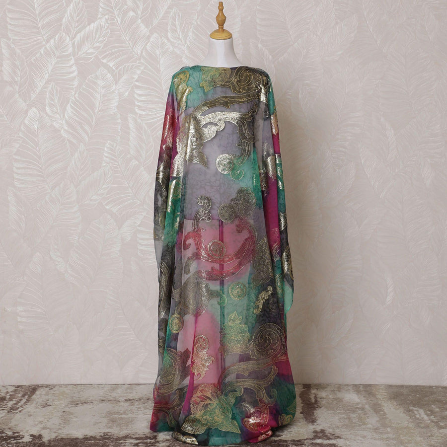 Multicolor Premium pure French (Fransawi) silk chiffon dirac fabric with hand print having gold metallic lurex in floral design-D15617