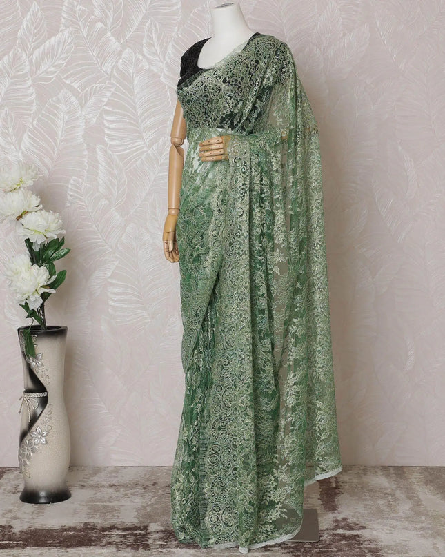 Parrot green, gold, silver Premium pure French metallic chantilly lace saree in floral design-D14556 Regal Fabrics