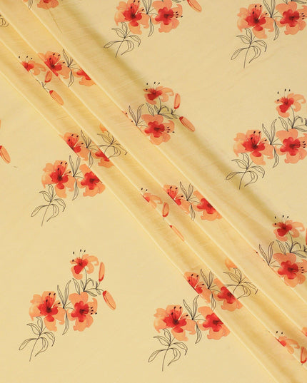 Honey yellow Premium pure silk crepe fabric with peach, orange and black print in floral design-D13852