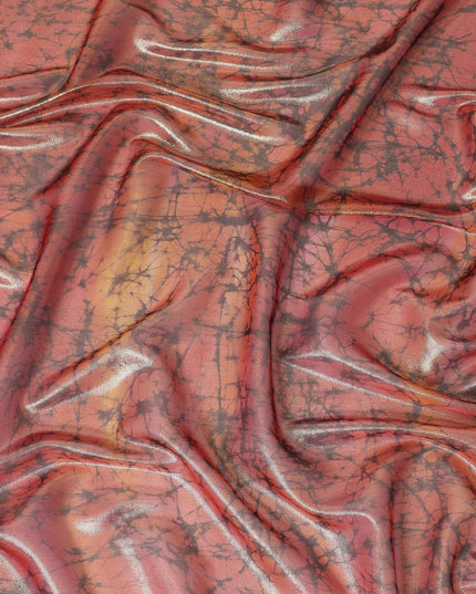 Scarlet red Premium pure silk chiffon with gold metallic lurex and brown prints in abstract design-D11393