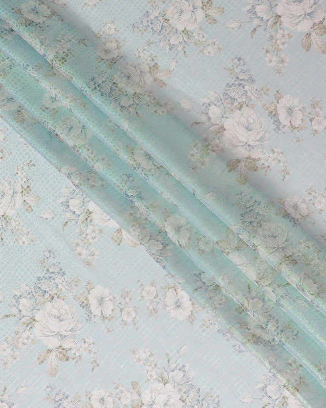 قماش شيفون من الحرير الخالص الفاخر باللون الأزرق الفاتح مع طباعة متعددة الألوان مع لوريكس معدني أخضر نيون بتصميم زهور-D15466