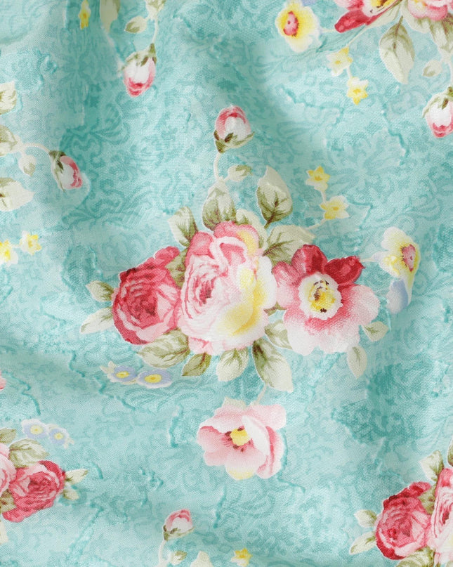 Baby blue uragiri cotton voile fabric with same tone jacquard having olive green, cerise pink, off white and sun flower yellow print in floral design-D7349