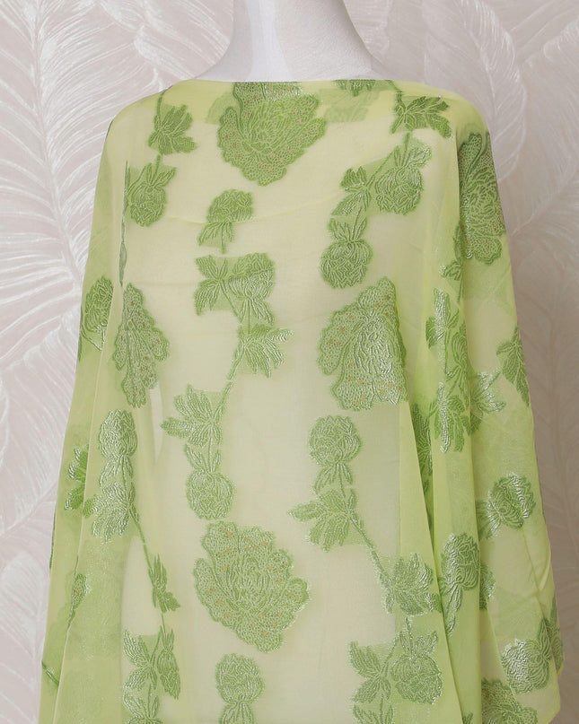 Lime green Premium pure French (Fransawi) silk chiffon dirac fabric with same tone metallic lurex in floral design-D15625