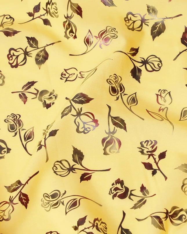 Sun flower yellow cotton voile fabric with black and olive green metallic foil print in floral design-D9784 Regal Fabrics