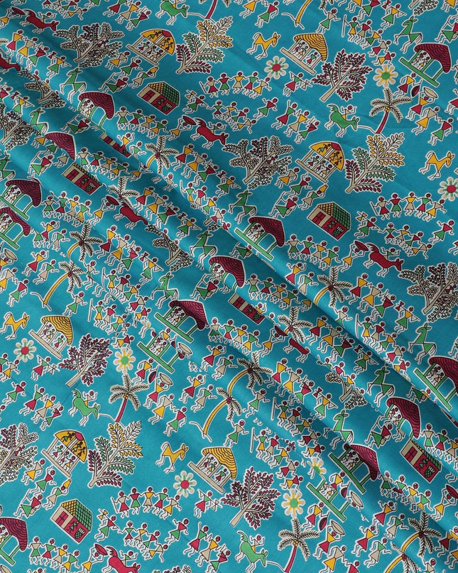 Turquoise blue cotton voile fabric with multicolor print in fancy design-D15419