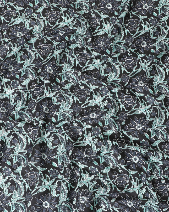 قماش من القطن العضوي باللون الأسود مع طباعة الشاشة باللون الرمادي الحجري والأخضر الفيستا والأبيض الفاتح بتصميم الأزهار-D10283