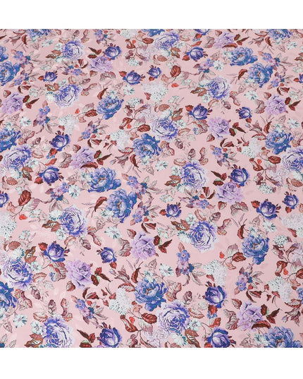 Light salmon pink premium pure Italian silk satin fabric with multicolor print in floral design-D13738