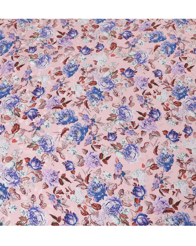 Light salmon pink premium pure Italian silk satin fabric with multicolor print in floral design-D13738