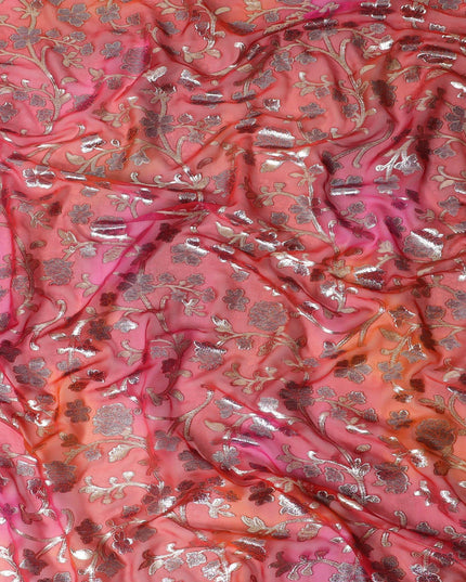 قماش الشيفون الحريري الخالص الفاخر باللون الأحمر القرمزي مع اللوريكس المعدني الذهبي بتصميم الأزهار -D12539