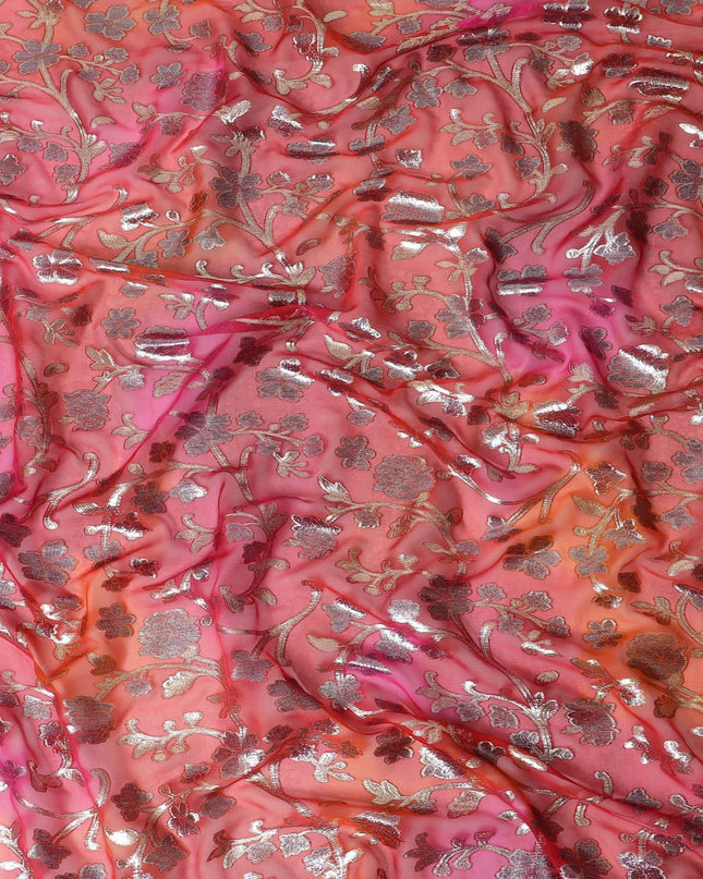 قماش الشيفون الحريري الخالص الفاخر باللون الأحمر القرمزي مع اللوريكس المعدني الذهبي بتصميم الأزهار -D12539