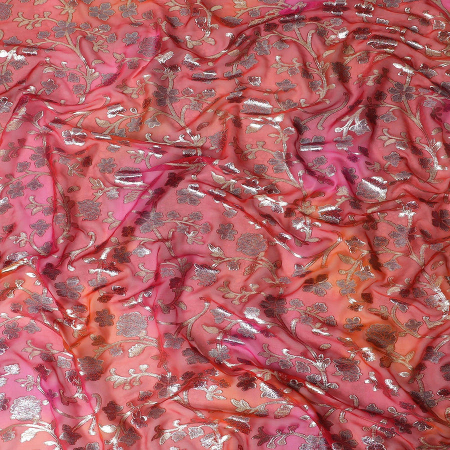 قماش الشيفون الحريري الخالص الفاخر باللون الأحمر القرمزي مع اللوريكس المعدني الذهبي بتصميم الأزهار -D12539