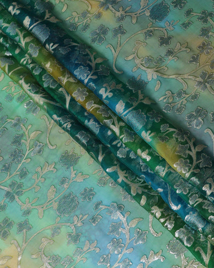 Green Premium pure silk chiffon fabric with gold metallic lurex in floral design-D12538