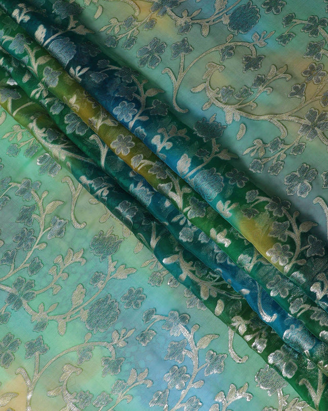 قماش شيفون من الحرير الخالص باللون الأخضر مع لوركس معدني ذهبي بتصميم زهور -D12538