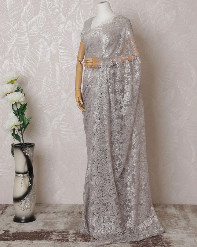 Light lilac, gold, silver Premium pure metallic French chantilly lace saree in floral design-D14914