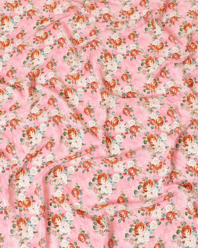 Baby pink premium pure silk crepe fabric with multicolor print in floral design-D9402