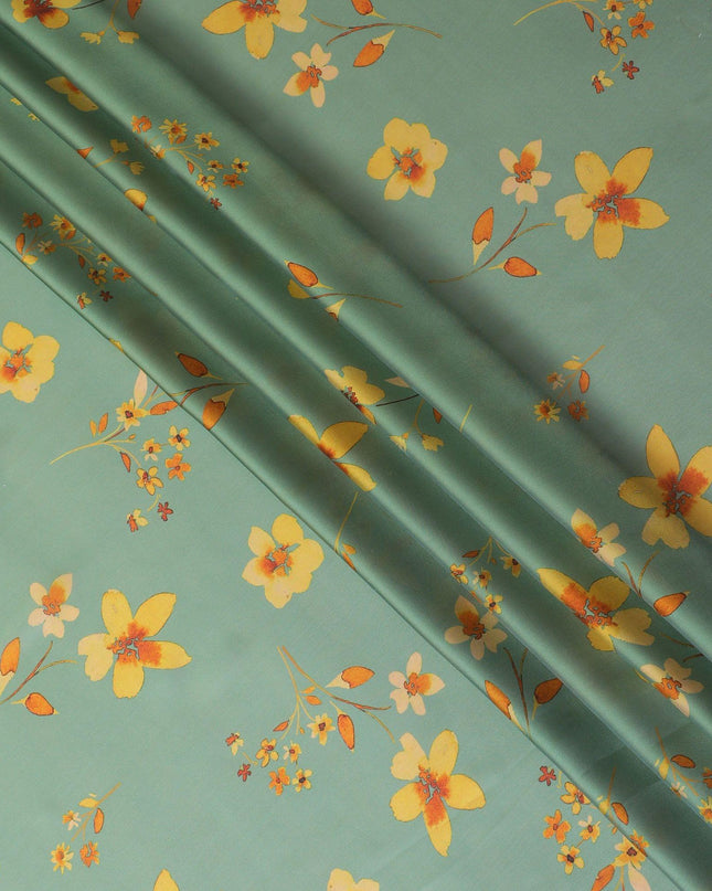 Fern green Premium pure silk chiffon fabric with multicolor print in floral design-D14664