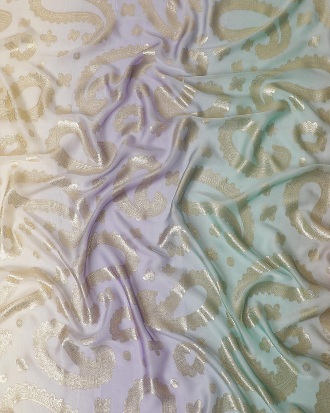 قماش شيفون حريري فرنسي (فرنساوي) فاخر متعدد الألوان مع لوركس معدني ذهبي بتصميم بيزلي-D12721