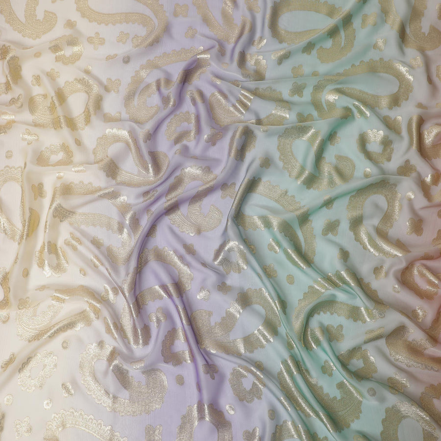Multicolor premium pure French (Fransawi) silk chiffon fabric with gold metallic lurex in paisley design-D12721