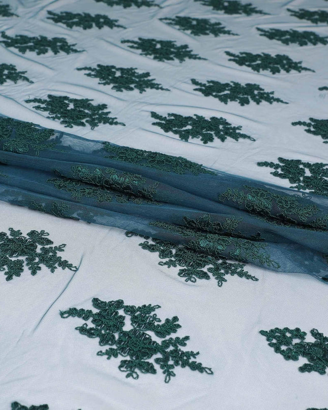 Petrol blue nylon tulle fabric with bottle green embroidery in floral design-D6686 Regal Fabrics
