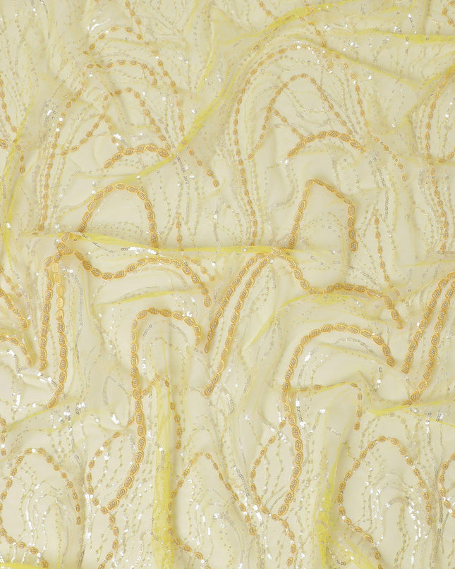 قماش تول نايلون أصفر الخردل مع نفس التطريز والترتر والخرز بتصميم فاخر-D13971