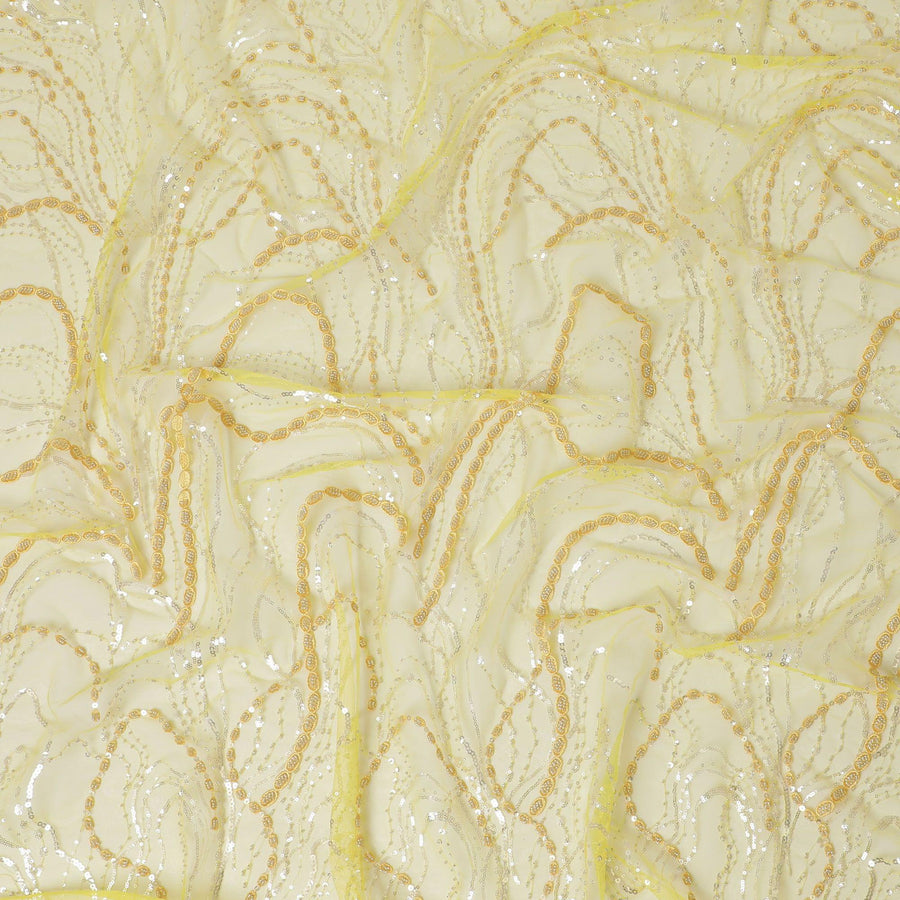 قماش تول نايلون أصفر الخردل مع نفس التطريز والترتر والخرز بتصميم فاخر-D13971