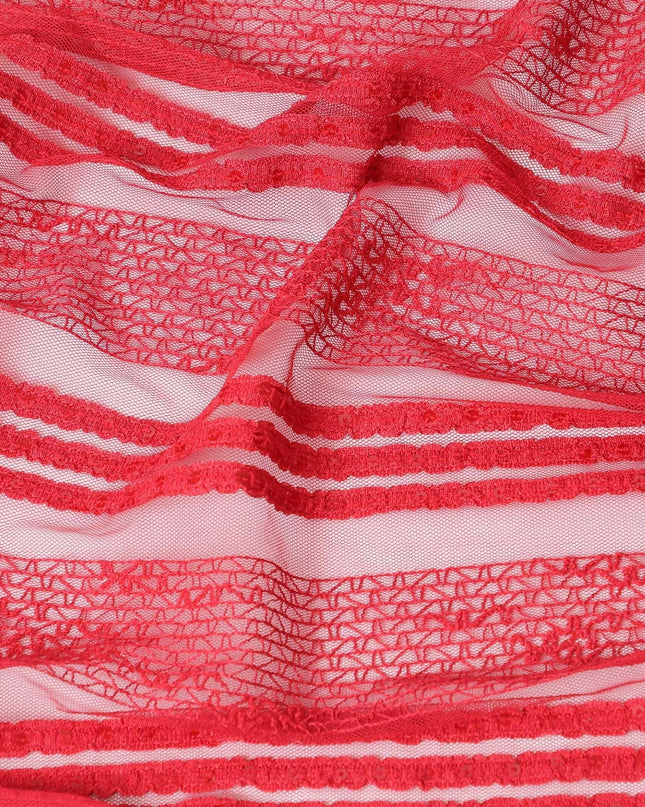 Scarlet red nylon tulle fabric with same tone embroidery and sequins in stripe design-D6670 Regal Fabrics