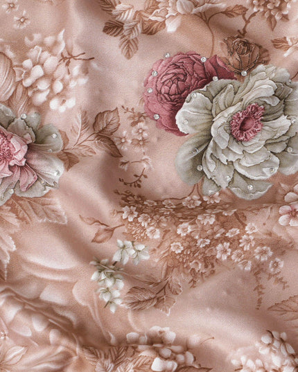 Brown synthetic crepe fabric with multicolor print having stone work in floral design-D15310