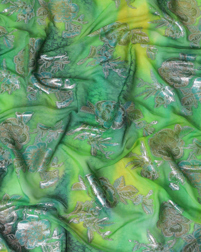 Green Premium pure silk chiffon with gold, silver and blue metallic lurex in floral design-D11400